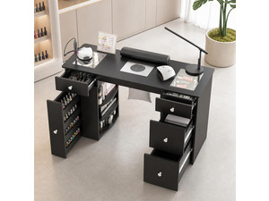 Manicure Table for Nail Tech with Glass Top, Visible Drawers & Trash Bag Holder, Acetone-Resistant Manicure Nail Desk, Beauty Salon Workstation with Wrist Rest & Electric Dust Collector (Black)