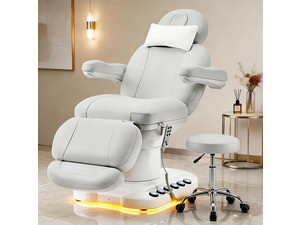 Fully Electric Massage Table with 3 Motors, Professional Esthetician Bed with LED Light, Height, Length & Angle Adjustable Beauty Spa Bed for Facial & Medical, Stool Included, White