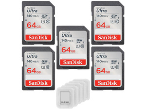 64GB Ultra SDXC UHS-I Class 10 Memory Card 140MB/s U1, Full HD, SD Camera Card SDSDUNB-064G (5 Pack) Bundle with (5) GoRAM Plastic Cases