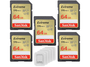 64GB (5 Pack) Extreme SDXC UHS-I Class 10 Memory Card 170MB/s U3, V30, 4K, SD Camera Card SDSDXV2-064G Bundle with (5) GoRAM Plastic Cases (64GB, 5 Pack)