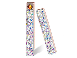 Electric Lighter, Luxury Bling Rhinestone Type-C Rechargeable Lighters with Pull-Out Ignition, Windproof Flameless Thickened Tungsten Ignition Electronic Lighter for Girls, Women Gifts-Silver