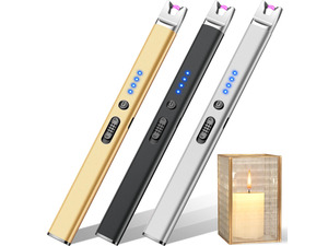 3 Pack Candle Lighters USB Rechargeable Electric Lighters Long Stem | Windproof Flameless Arc,Safety Lock,Battery Indicator,Long Stick Matches for Candle,Grill,BBQ,Gas Stoves (Black,Silver,Gold)