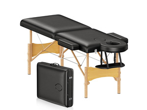 Massage Table Portable Wooden Lash Bed 24" Wide Adjustable Height 2-Fold Spa Table Foldable Tattoo Bed (Black)