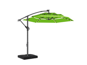 10ft 3-Tiered Cantilever Patio Umbrella with Solar LED Lights, Hanging Offset Market Outdoor Umbrella Shade with Base for Beach, Backyard, Deck, Poolside, Green