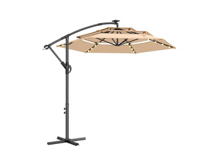 10ft 3-Tiered Cantilever Patio Umbrella with Solar LED Lights, Hanging Offset Market Outdoor Umbrella Shade for Beach, Backyard, Deck, Poolside, Beige (Base not included)