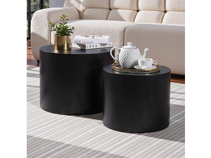 Nesting Coffee Table Set of 2, Modern Round Coffee Table with Non-Slip Feet, Wooden Circle Accent Tables for Small Spaces Living Room Bedroom Balcony Office Drum Side Table (Black)