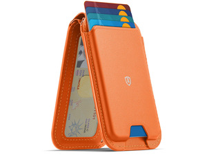 Genuine Leather Card Holder for Phone, Strong Magnetic Wallet for MagSafe with Adjustable Stand, RFID Blocking Mag Wallet for iPhone 17/17e/16/15/14/13/12/Pro/Max/Air/Plus Men Women - Orange