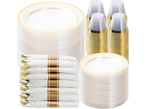 700PCS Clear Gold Rim Disposable Dinnerware Set, BPA Free Heavy Duty Plastic Plates Cups Pre Rolled Napkins Silverware for 100 Guests, Party Table Supplies for Wedding Birthday Banquet