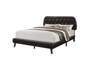 Monarch Specialties Contemporary Queen Size Bed - Brown Leather-Look with Wood Legs