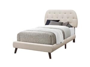 Monarch Specialties Contemporary Twin Size Bed - Beige Linen with Brown Wood Legs