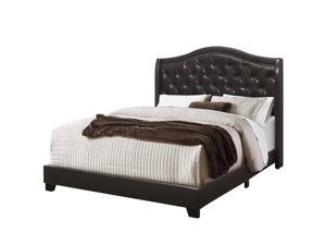 Monarch Specialties Contemporary Queen, Brown Leather-Look with Brass Trim Bed