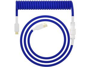 Hystar Coiled USB Aviator Cable for Keyboard, Double Sleeved Cable, 5ft Cable Length, Gold Plated, Type-C Connection, 90 Degree Exit, Includes Aluminum Artisan Keycap (Blue)