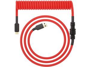 Hystar Coiled USB Aviator Cable for Keyboard, Double Sleeved Cable, 5ft Cable Length, Gold Plated, Type-C Connection, 90 Degree Exit, Includes Aluminum Artisan Keycap (Red)