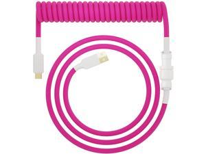 Hystar Coiled USB Aviator Cable for Keyboard, Double Sleeved Cable, 5ft Cable Length, Gold Plated, Type-C Connection, 90 Degree Exit, Includes Aluminum Artisan Keycap (Pink)