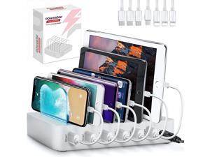 USB Charging Station for Multiple Devices Apple Android Compatible - Charging Station Organizer with 7 Cables - Fast Charge Multi Device Phone Charger Station Charging Dock (Silver 6-Port)