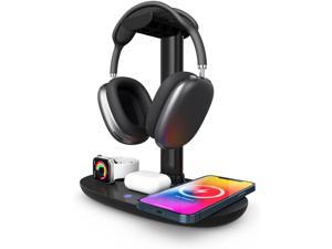 Headphone Stand with 15w Wireless Charger, Suguder 4 in 1 Qi Charging Station Headset Holder for AirPods Max/Pro/2 iWatch 7/6/5/4/3/2/1/SE iPhone 13/12/11/XS/XR/X/8 Series for Desktop Table Game,Black