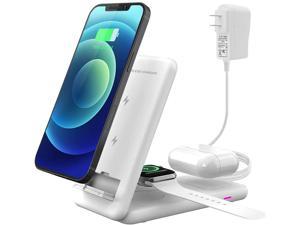 Foldable Wireless Charger, 3 in 1 Wireless Charging Stand for iWatch, AirPods, Fast Wireless Charger Station for iPhone 13/iPhone 12/12 Pro/11/11 Pro Max/XR/X/Xs/8/8 Plus, Samsung Cell Phone (White)