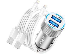 Fast USB Car Charger with Blue LED for Apple iPhone 12/11/XR/X/Xs Max/8/7/6/6s Plus/SE/iPad MFi Certified 2Pack 1M iPhone Cable with 2.4A+2.4A Dual Port Car Charger Adapter iPhone USB Car Charger,