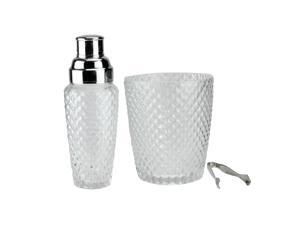 Set of 3 Diamond Cut Handcrafted Clear Cocktail Shaker with Bucket and Tong 9.5"