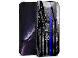 iPhone Xs CaseiPhone X Cases Tempered Glass Back Shell Pattern Designed with Soft TPU Bumper Case for iPhone XXS Cases 58 inchWolf Thin Blue line Flag