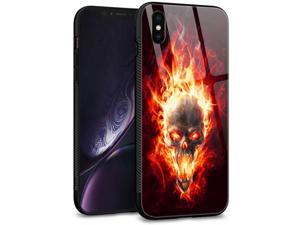 iPhone Xs CaseiPhone X Cases Tempered Glass Back Shell Cool Pattern Designed with Soft TPU Bumper Case for Boys Men Fashion Apple iPhone XXS Cases Flame Skull
