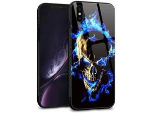 iPhone Xs CaseiPhone X CasesTempered Glass Back Shell Pattern Designed Cool with Soft TPU Bumper Case for Apple iPhone XXS Cases Blue Skull