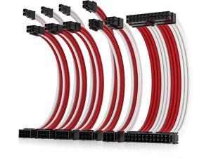 Asiahorse Power Supply Sleeved Cable for Power Supply Extension Cable Wire Kit 1x24-PIN 1x8-PIN (4+4) M/B 3x8-PIN (6+2) PCI-E 1X6Pin Cable 30cm Length with Combs(White&Red)