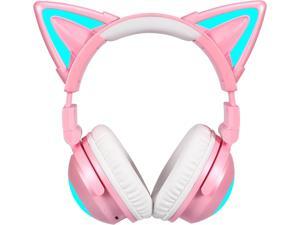 kuayang Wireless Cat Ear Headphones 7 Color Changing with  35mm Jack Gaming Pro BluetoothWired Connection Pink