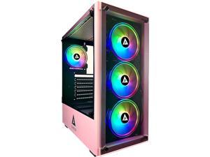 Apevia Genesis-PK Mid Tower Gaming Case with 2 x Tempered Glass Panel, Top USB3.0/USB2.0/Audio Ports, 4 x RGB Fans, Pink Frame