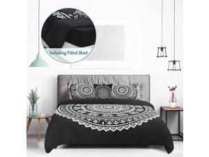 5pcs Duvet Cover Set Bohemian Bedding Set, Microfiber Polyester Comforter Cover with Zipper Closure, Including Fitted Sheet and Throw Pillowcase, Black Queen