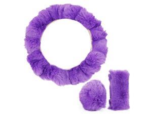 Universal Warm Faux Fur Car Steering Wheel Cover with Handbrake Cover Gear Shift Cover Set Purple