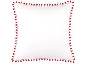 Throw Pillow Cover with Pom Poms Soft Solid Decorative Pillow Case Home Decor Design Cushion Cover for Sofa Bedroom Car 18 X 18 Inch White Red