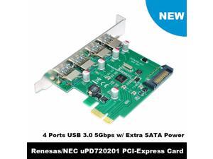 4 Port PCIE PCI-e to USB 3.0 Expansion Card - USB 3.0 Hub Controller PCI Express Card Adapter w/ Extra SATA 15 pin Power 4 Port PCIE PCI-e to USB 3.0 Expansion Card - USB 3.0 Hub Controller PCI Express Card Adapter w/ Extra SATA 15 pin Power