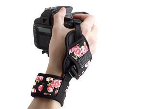 usa gear camera hand strap wrist with floral padded neoprene pattern and connecting metal plate compatible with canon, fujifilm, nikon, sony and more dslr, instant, mirrorless cameras
