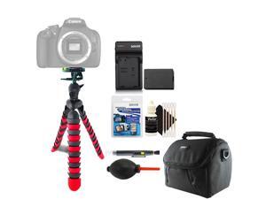 Flexible Tripod + Replacement Battery for LP-E10 Battery + Lens Pen + Dust Blower + Universal Screen Protector + Gadget Bag + 3pc Cleaning Kit Flexible Tripod + Replacement Battery for LP-E10 Battery + Lens Pen + Dust Blower + Universal Screen Protector + Gadget Bag + 3pc Cleaning Kit