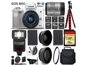 Canon EOS M50 Mirrorless Digital Camera (White) with 15-45mm Lens + Flash + UV FLD CPL Filter Kit + Wide Angle & Telephoto Lens + Camera Case + Tripod + Card Reader - International Version Canon EOS M50 Mirrorless Digital Camera (White) with 15-45mm Lens + Flash + UV FLD CPL Filter Kit + Wide Angle & Telephoto Lens + Camera Case + Tripod + Card Reader - International Version