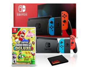 Nintendo Switch with Neon Blue and Red JoyCon Bundle with New Super Mario Bros U Deluxe