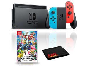 Nintendo Switch with Neon Blue and Red JoyCon Bundle with Super Smash Bros Ultimate
