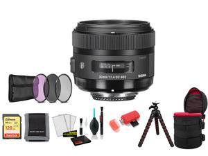 Sigma 30mm f14 DC HSM Art Lens for Nikon F with 128GB Memory Card and Filter Kit