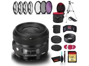 Sigma 30mm f14 DC HSM Art Lens for Nikon F with Cleaning Kit 57 Tripod 32GB Memory Kit Filter Kits and Lens Case Bundle