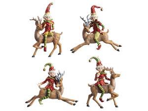 RAZ Imports Glittery Christmas Elves on Santas Reindeer Christmas Tree Ornaments 55 - Set of 4