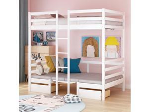 Merax Twin Loft Bed with Desk Futon Bunk Bed with Desk and Storage Drawers convertible Twin Over Twin Loft Bunk Beds for girls and Boys Space Saving Wood White