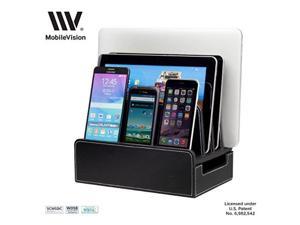 MobileVision Charging Station Slim Black Faux Leather Executive Stand and Docking Organizer for Multiple Devices, Smartphones, Tablets, & Laptops