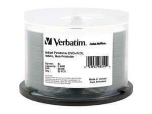 verbatim dvd+r dl 8.5gb 8x datalifeplus white inkjet printable, hub printable, 50 disc spindle 98319
