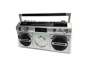 studebaker sb2145s 80's retro street boombox with fm radio, cd player, led eq, 10 watts rms and ac/dc in silver