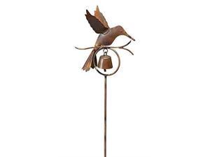 ancient graffiti hummingbird with bell garden stake, flamed copper colored