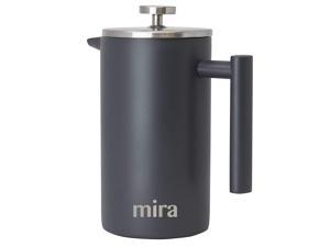 MIRA 34 oz Stainless Steel French Press Coffee Maker with 3 Extra Filters | Double Walled Insulated Coffee & Tea Brewer Pot & Maker | Keeps Brewed Coffee or Tea Hot | 1000 ml (Gray)