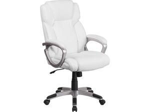 Mid-Back White Leather Executive Swivel Chair with Padded Arms