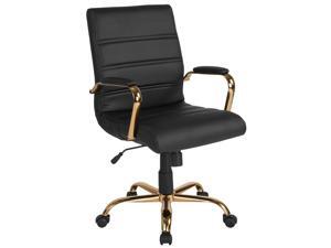 Mid-Back Black LeatherSoft Executive Swivel Office Chair with Gold Frame and Arms Mid-Back Black LeatherSoft Executive Swivel Office Chair with Gold Frame and Arms