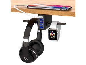 2020 New Headphone Stand Under Desk 5 USB Qc 3.0 Quick Charger Headset Hook Holder Hanger Mount Station(8A/40W), Pc Gaming Headsets Switch Earphone Wire Organizer Adapter Compatible for Ipad iPhone